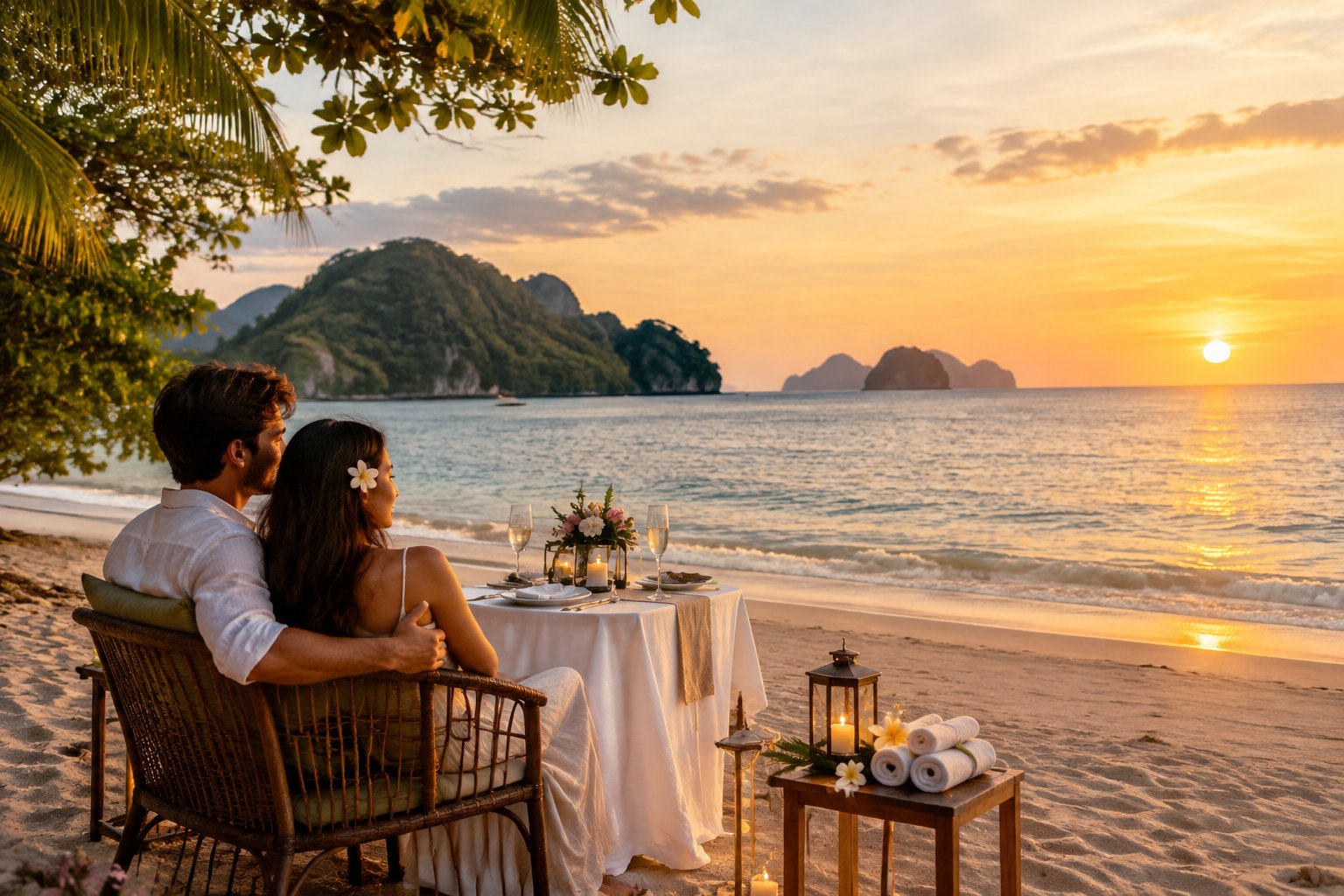 A couple enjoys a romantic sunset on a tropical beach in Langkawi.
