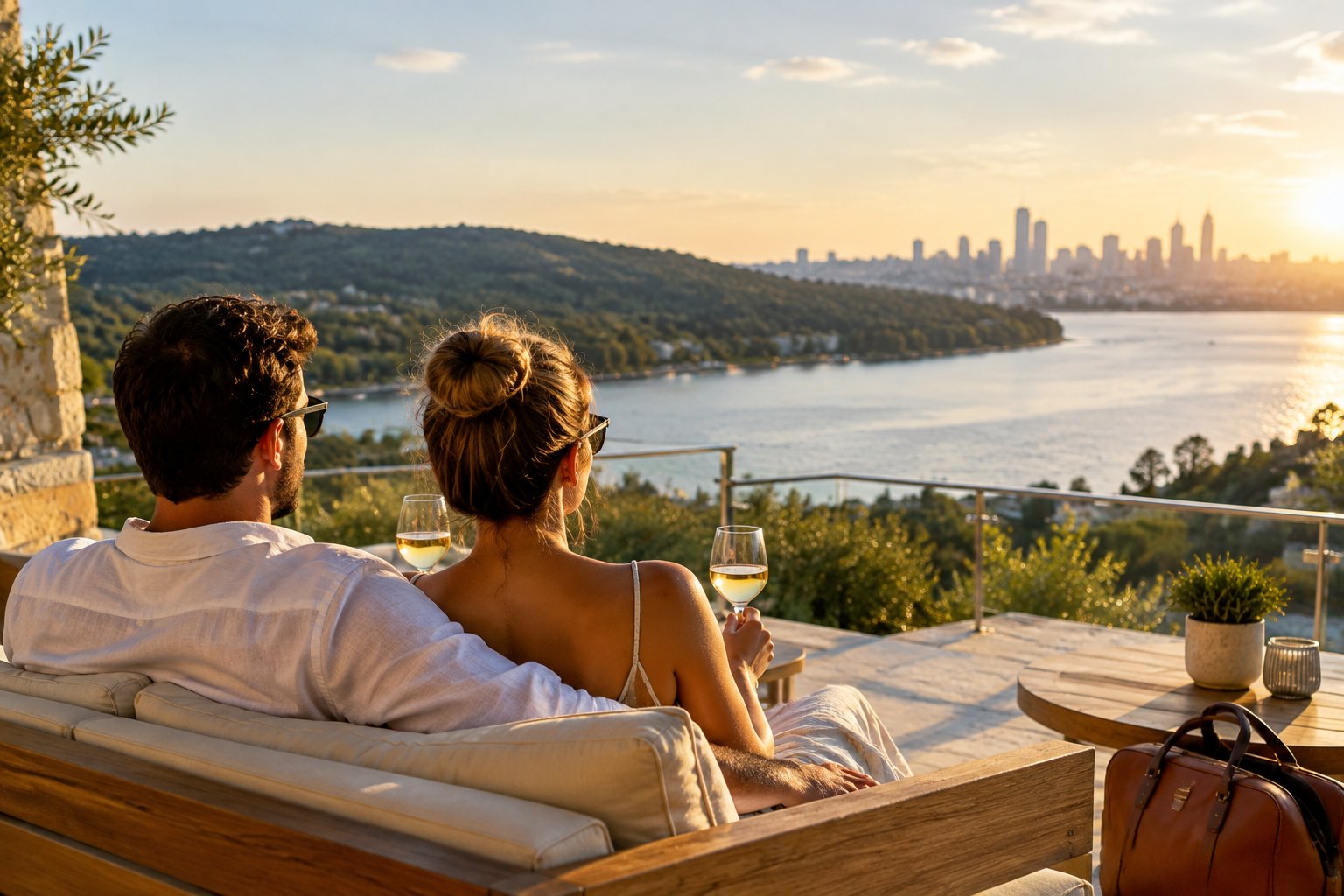 A couple relaxes on a terrace overlooking a lake and distant city skyline.