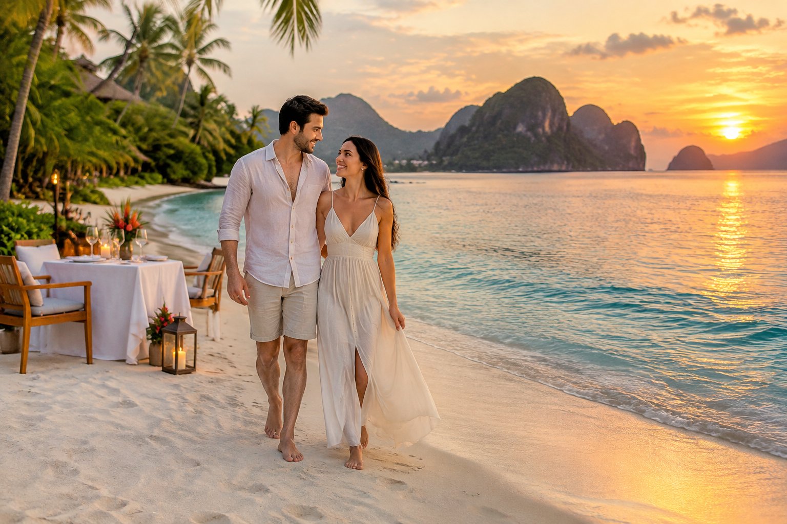 A newlywed couple walks along a tropical Langkawi beach at sunset.