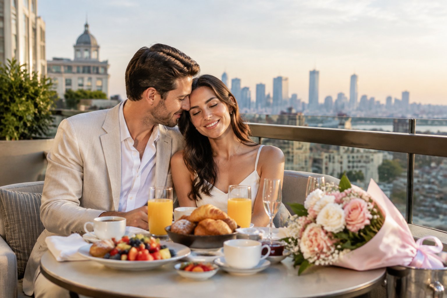 A newlywed couple shares breakfast on a hotel terrace overlooking the city.