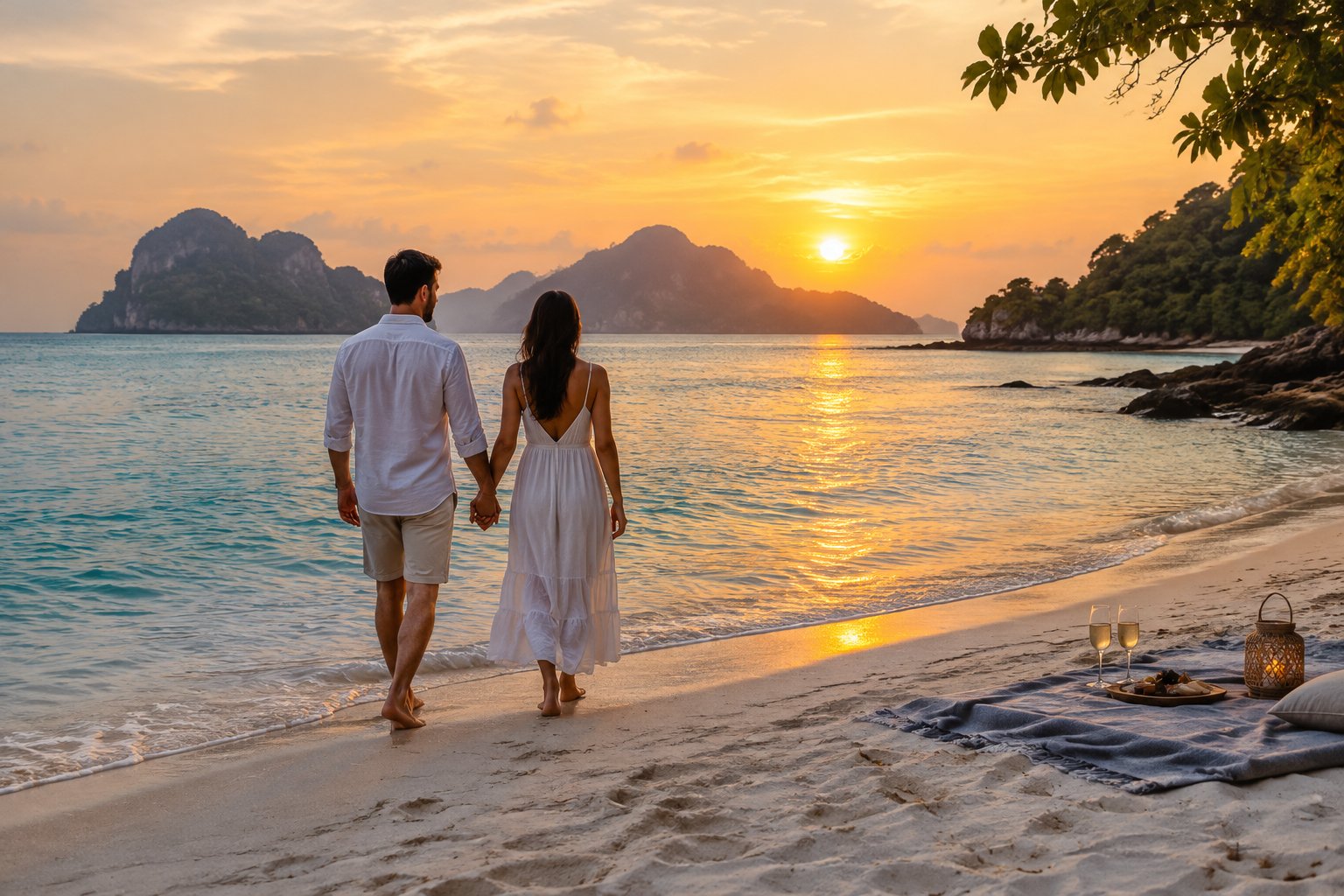 A couple walks hand in hand along a tropical beach at sunset.