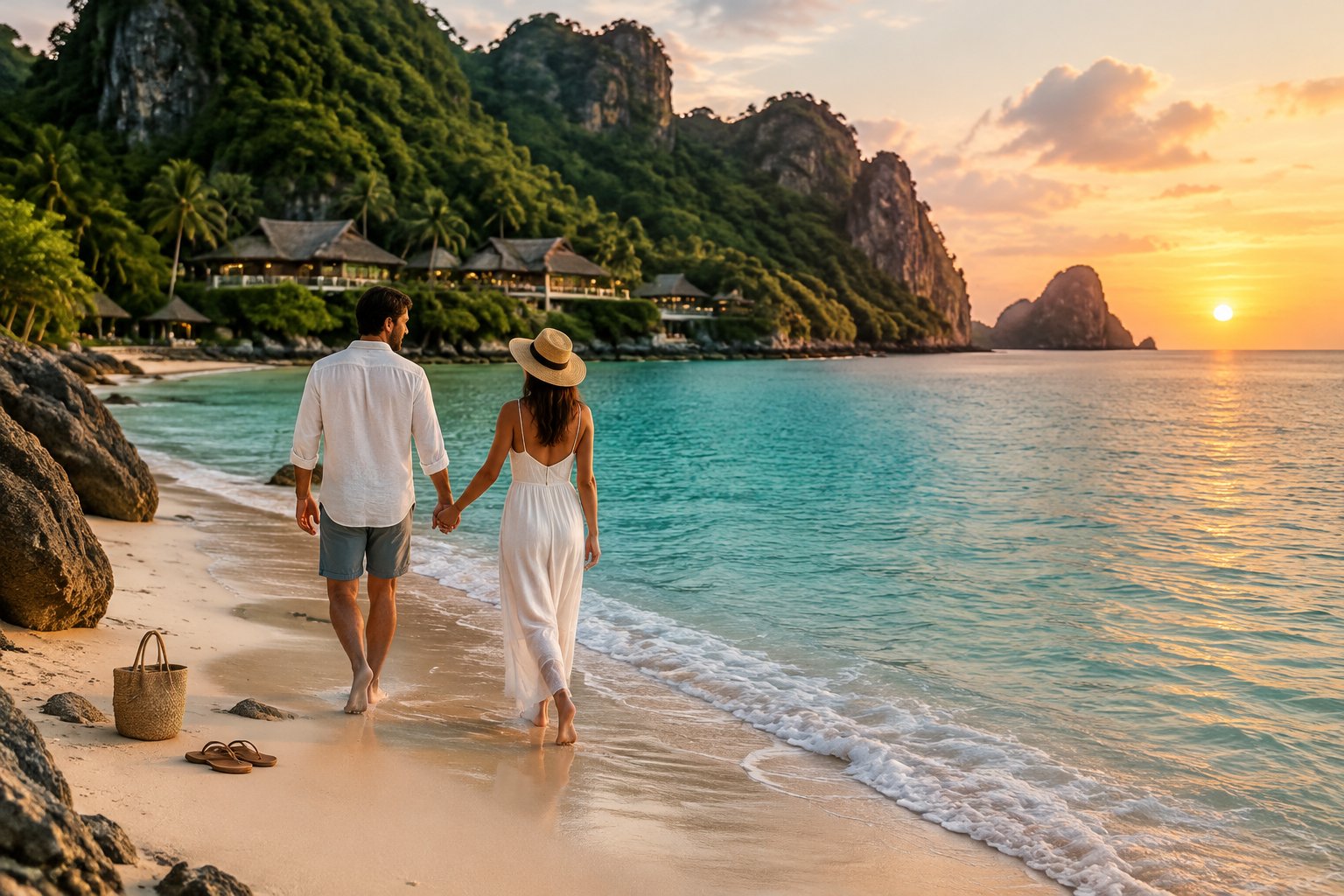 A newlywed couple walks hand in hand along a tropical shoreline.