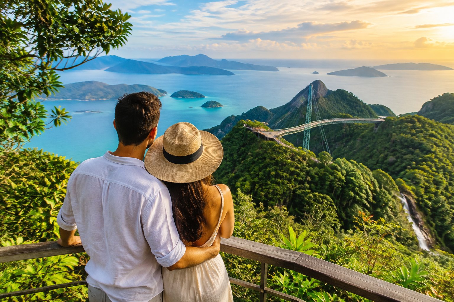 A couple admires Langkawi’s Sky Bridge and tropical islands from a mountain viewpoint.