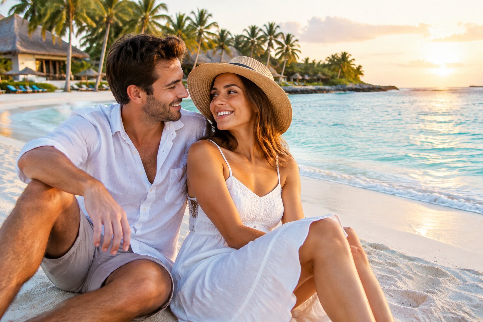 A newlywed couple relaxing together on a tropical beach.