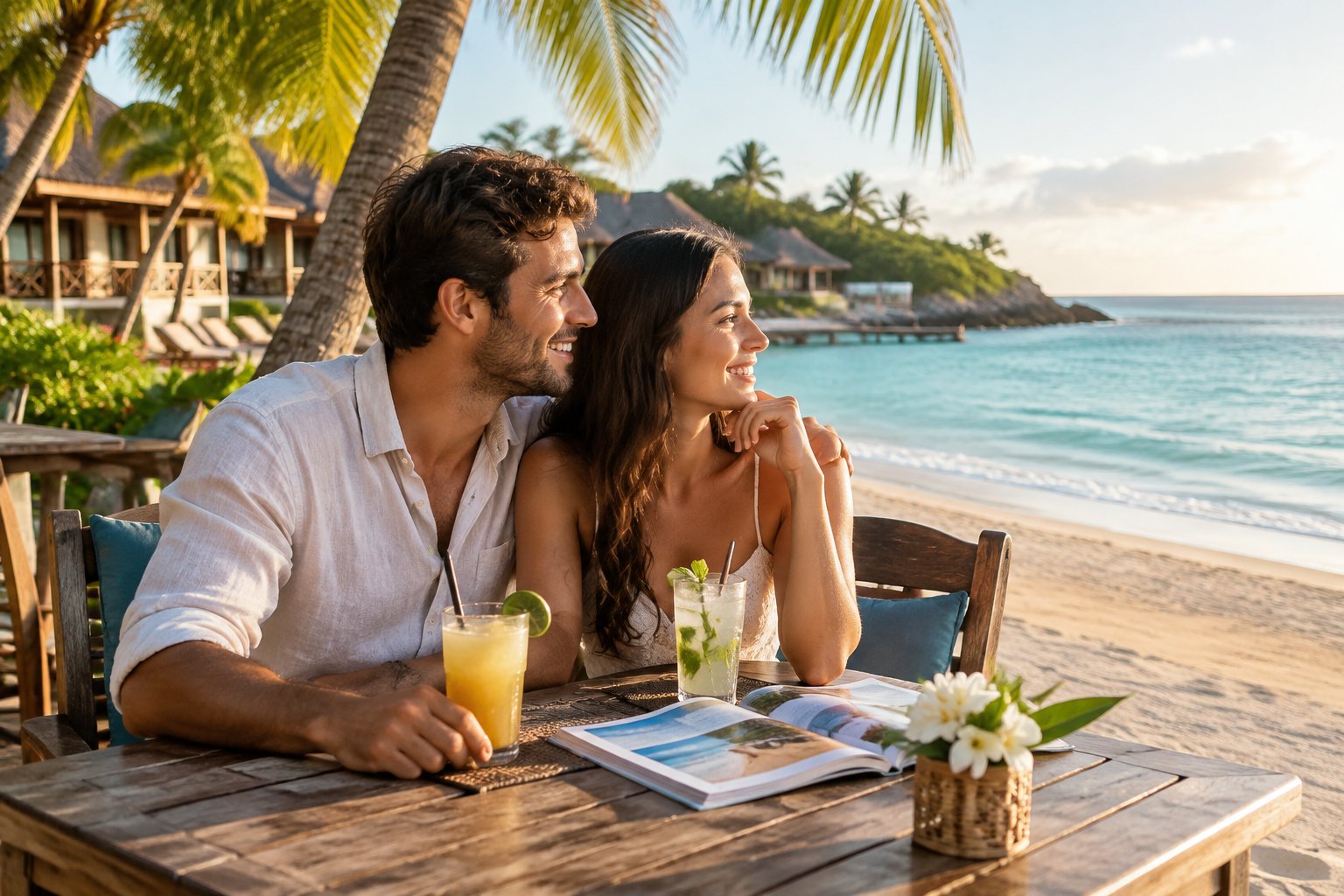 A newlywed couple shares refreshments at a beachside café overlooking the ocean.