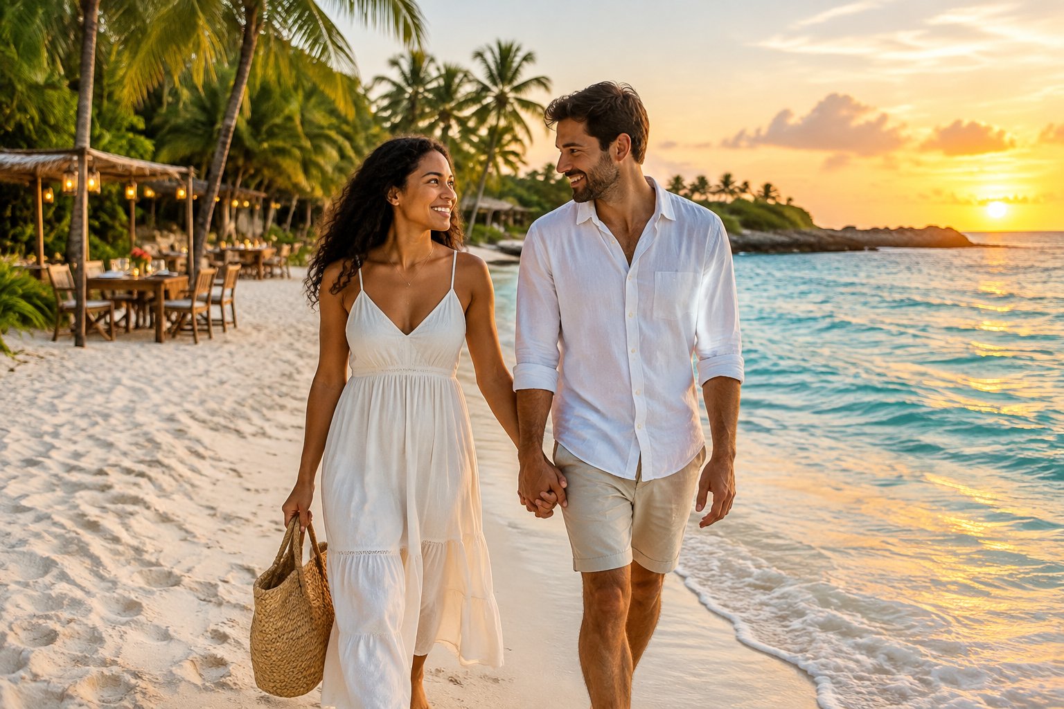 A newlywed couple walks hand in hand along a tropical beach.