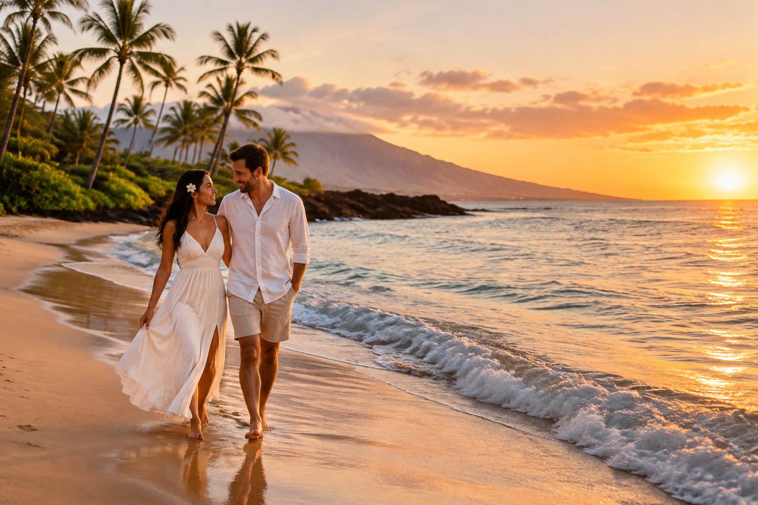 A newlywed couple walks along a Maui beach beside the ocean.