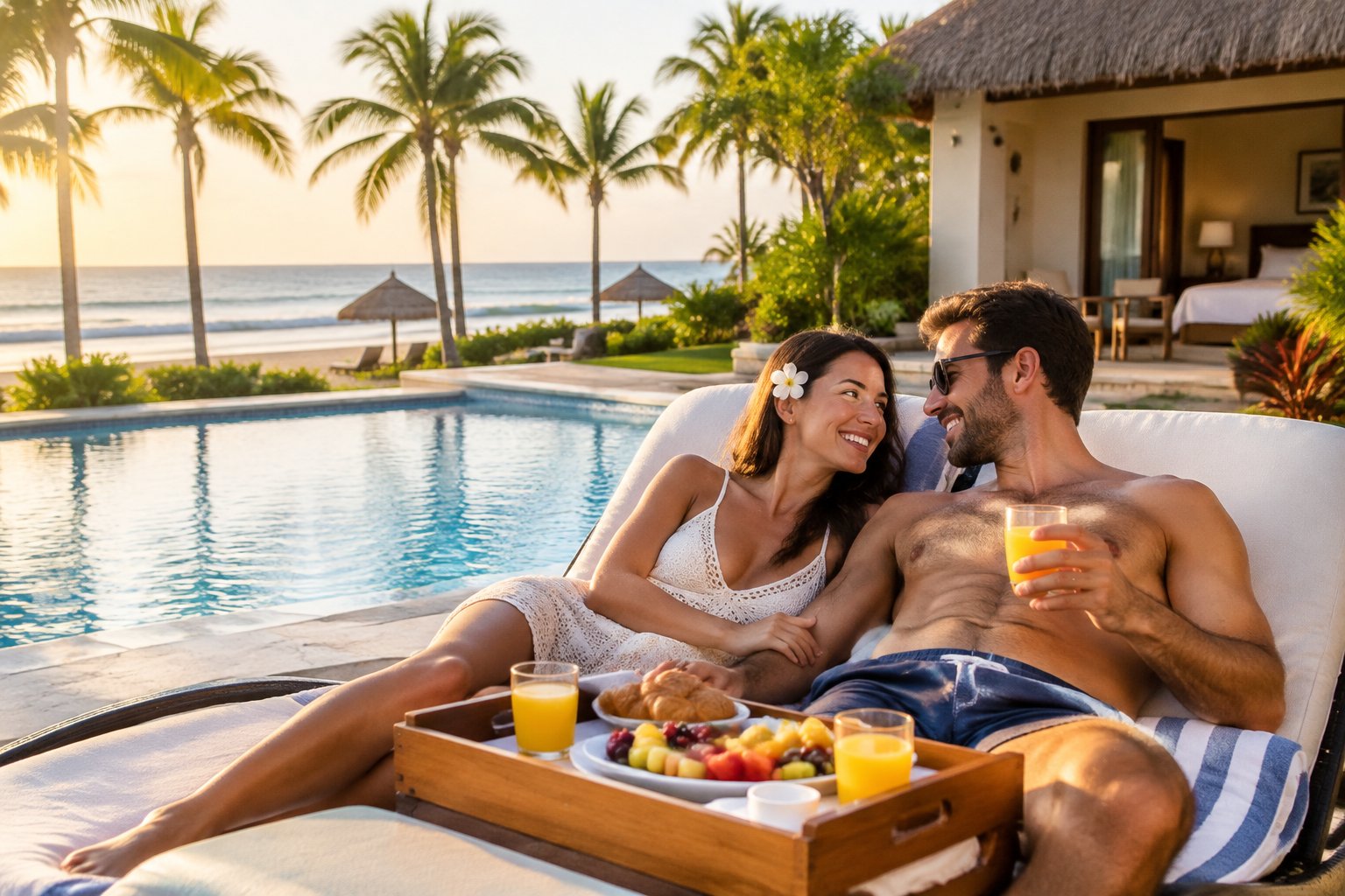 A newlywed couple relaxes by a tropical resort pool overlooking the ocean.