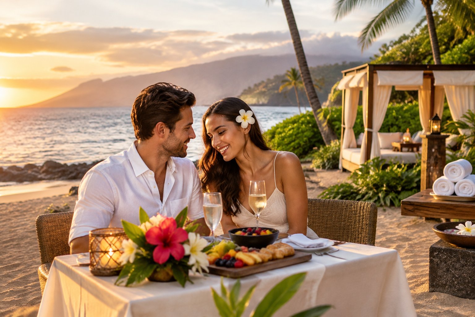 A newlywed couple shares a meal at a beachfront table in Maui.