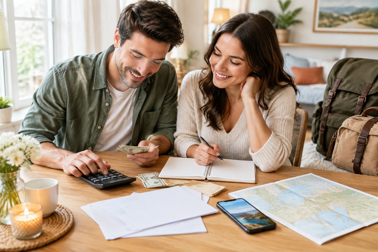 A newlywed couple plans an affordable trip together at a table.