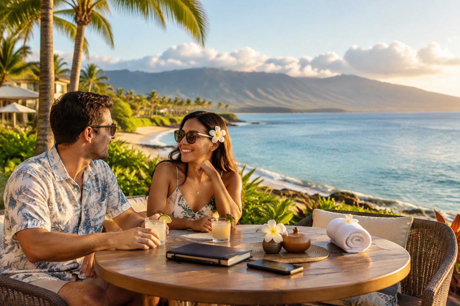 A newlywed couple relaxes at a beachfront resort overlooking the ocean in Maui.