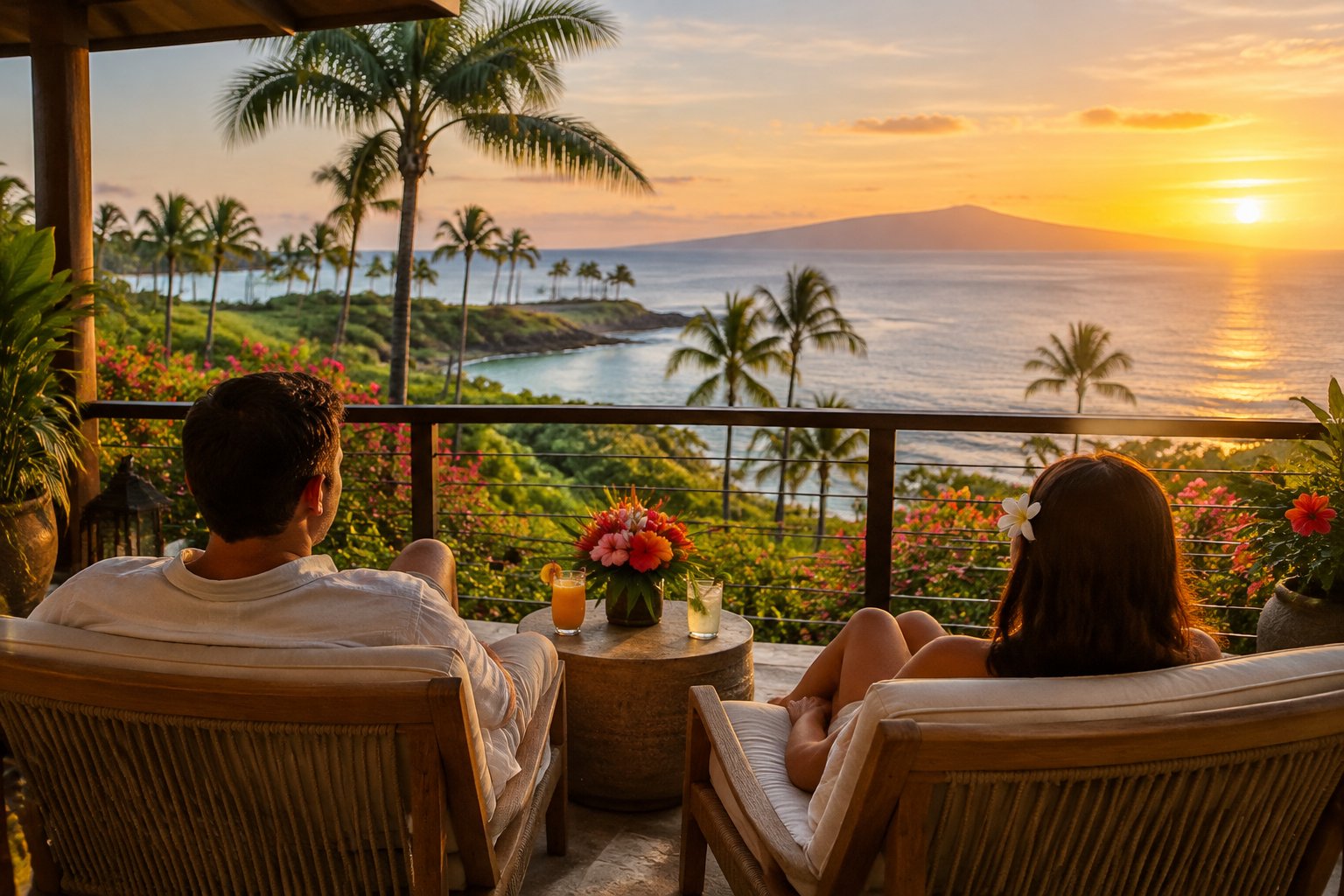 A couple relaxes on a resort lanai overlooking the Maui coast.