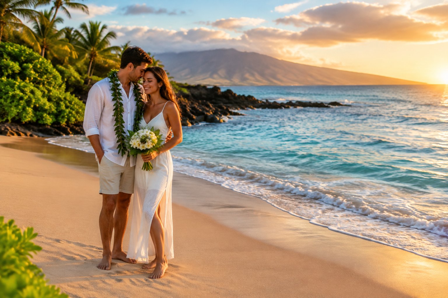 A newlywed couple shares a quiet moment on a tropical Maui beach.