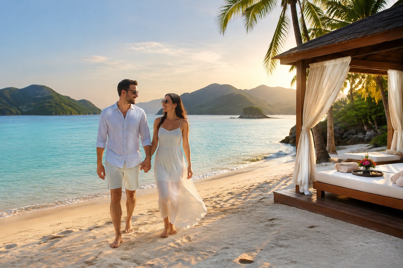 A newlywed couple walks along a tropical beach toward a private resort cabana.