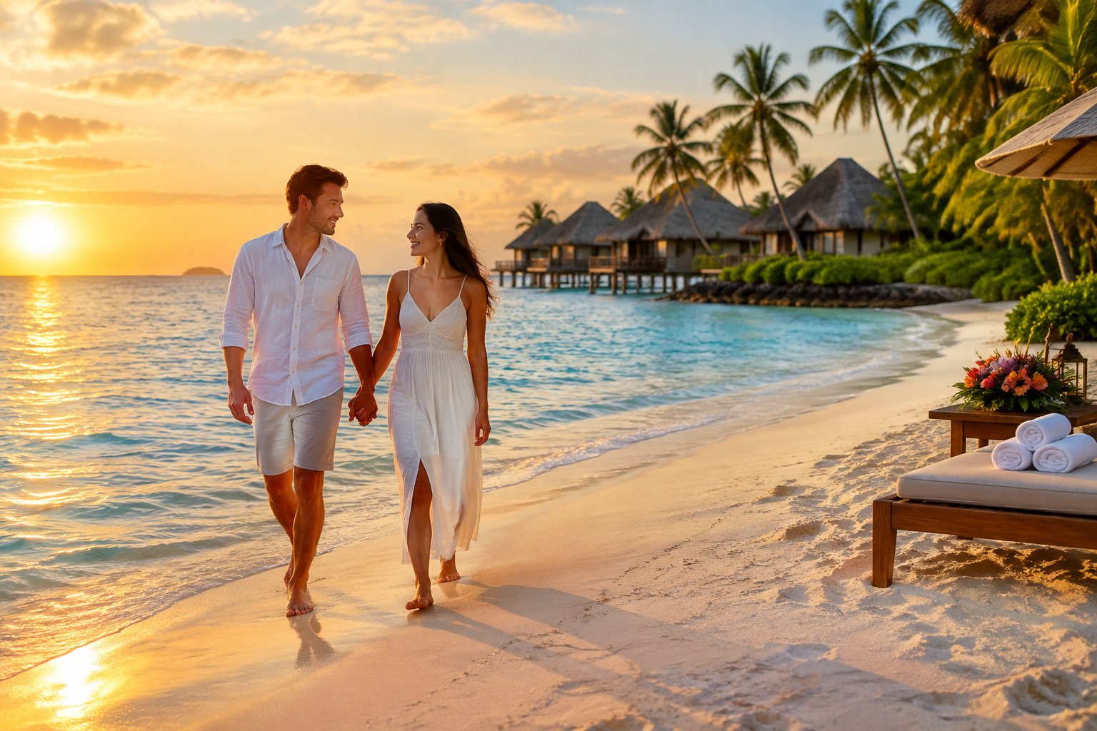 A newlywed couple walks hand in hand along a tropical beach near a resort.