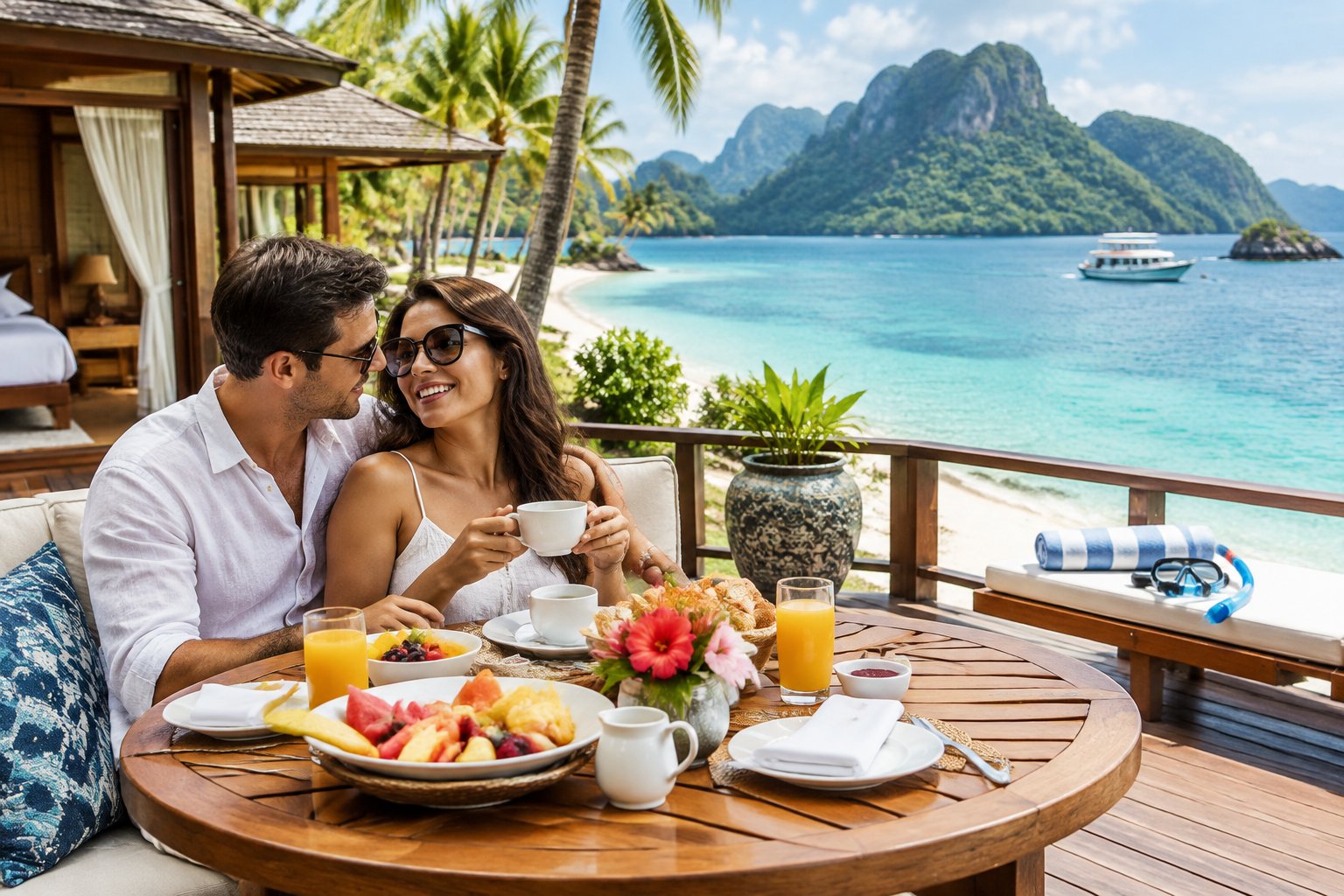 A newlywed couple shares breakfast on a tropical resort terrace overlooking a Malaysian beach.