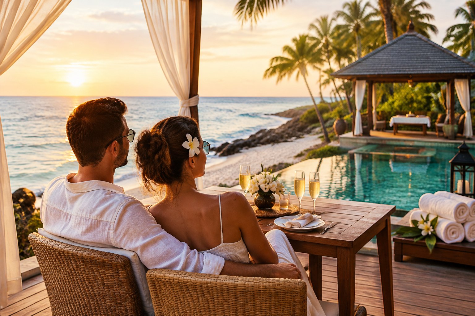 A newlywed couple shares a seaside table at a tropical resort.