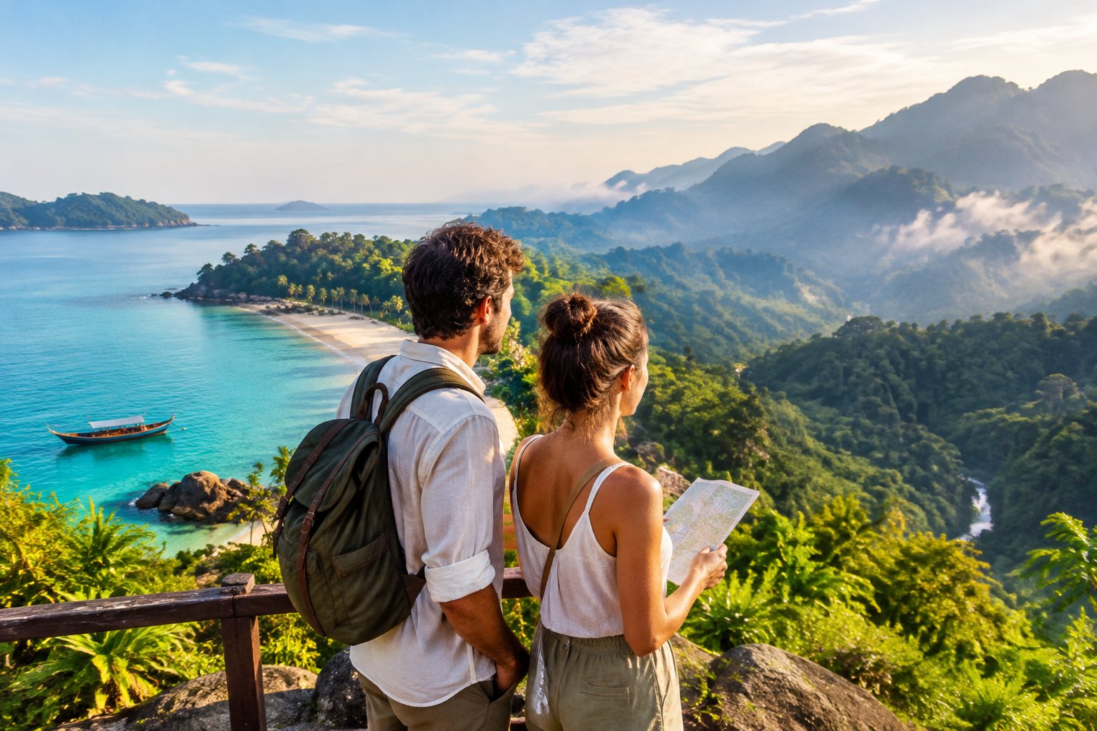 A newlywed couple looks out over a Malaysian coast backed by rainforest hills.