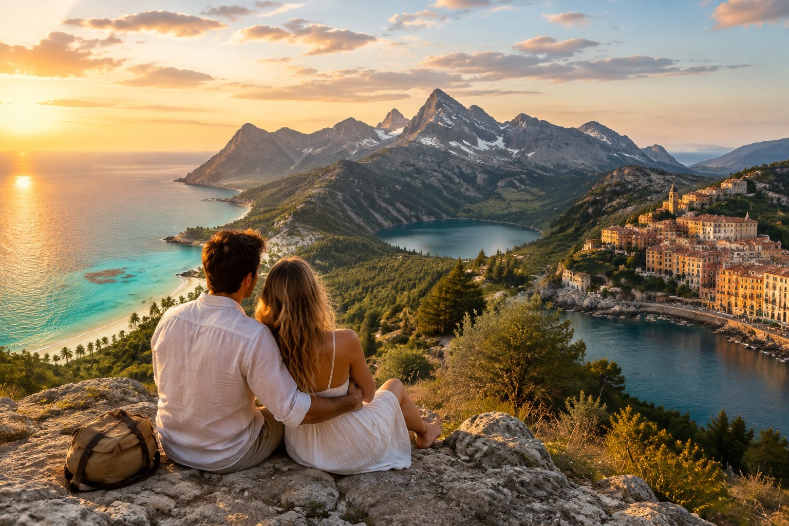 A newlywed couple looks out over a beach, mountains, and a coastal village.