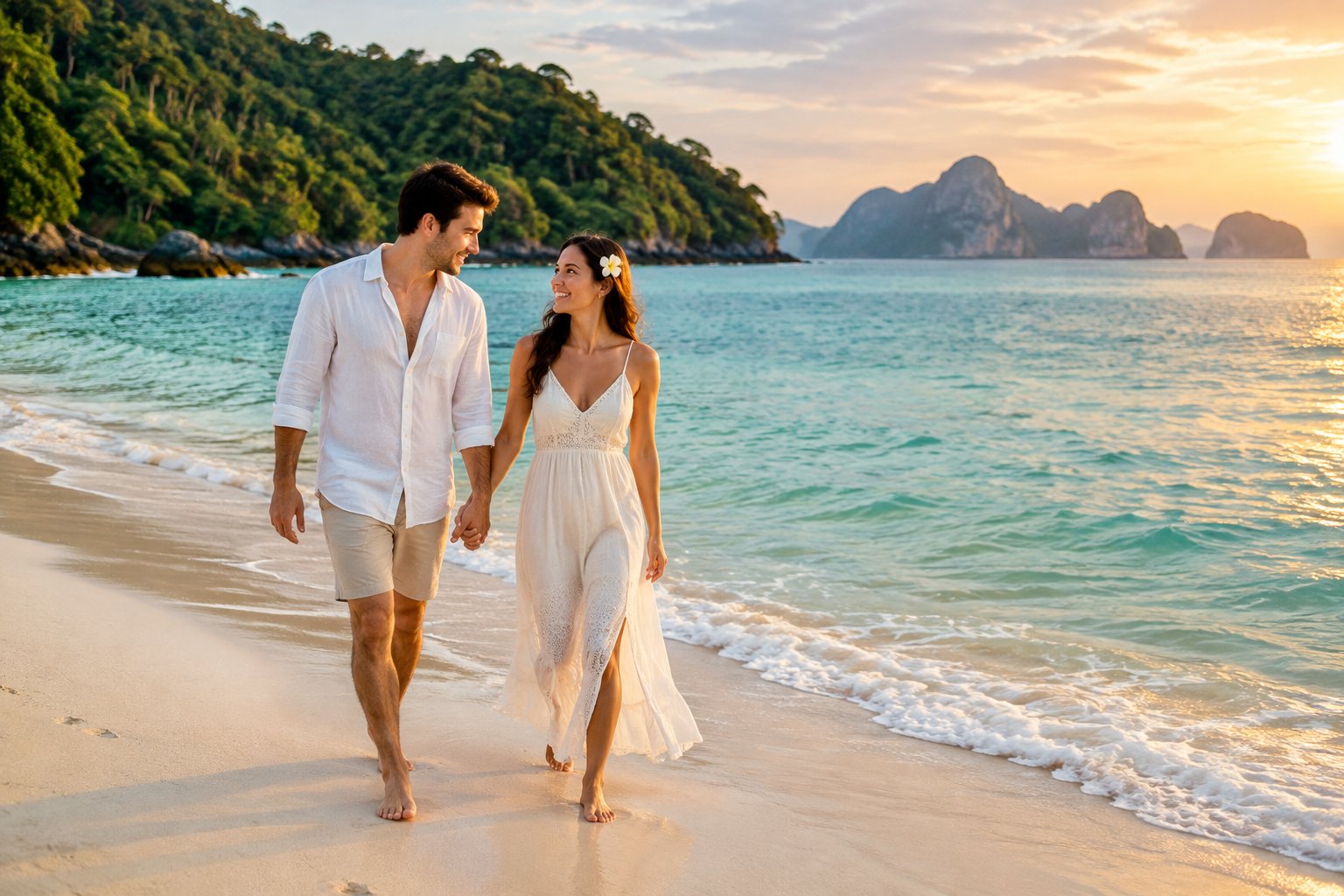 A newlywed couple walks together along a tropical beach in Malaysia.