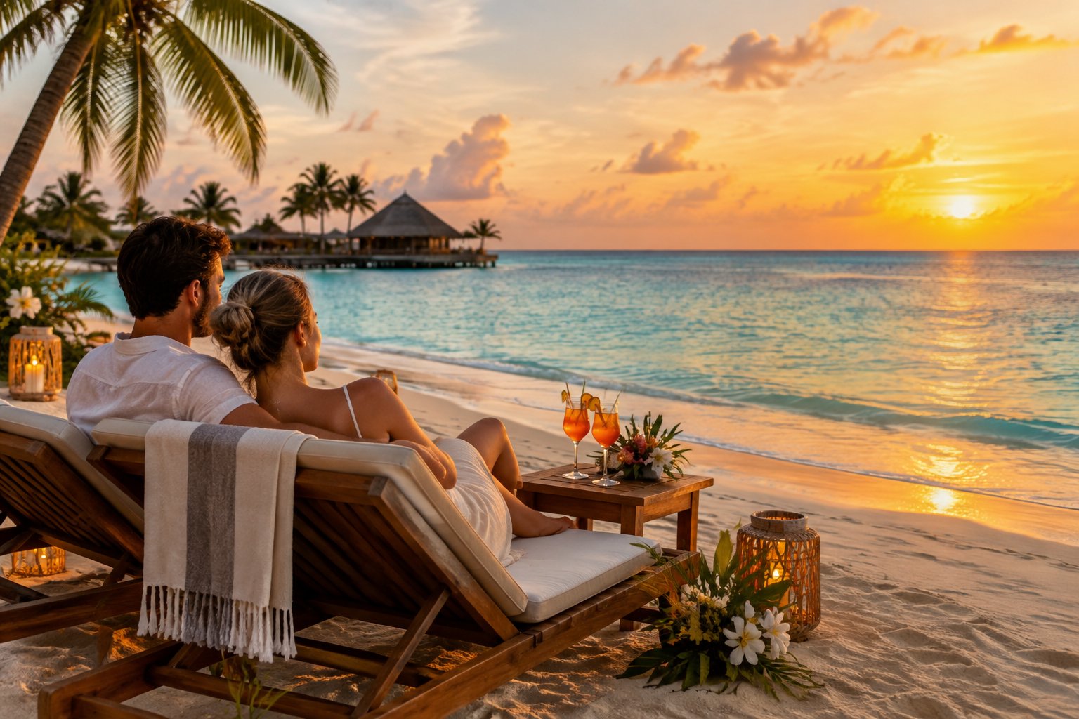 A newlywed couple shares a quiet moment at a tropical beach resort at sunset.