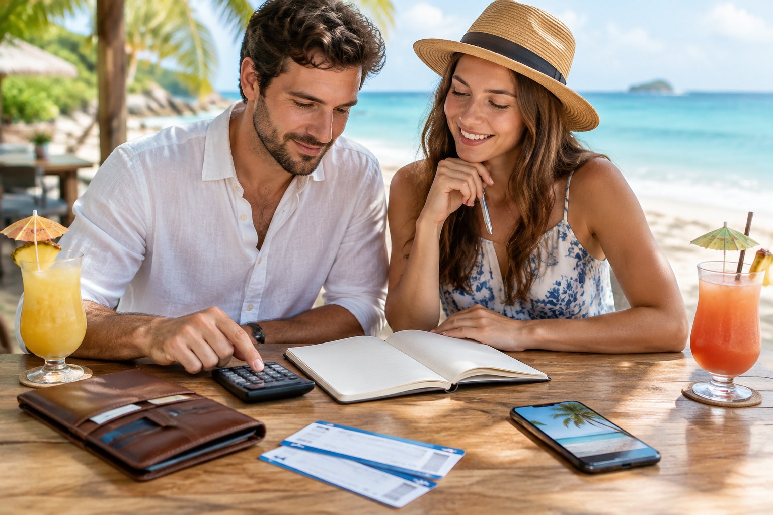 A newlywed couple plans a beach honeymoon at a seaside café.