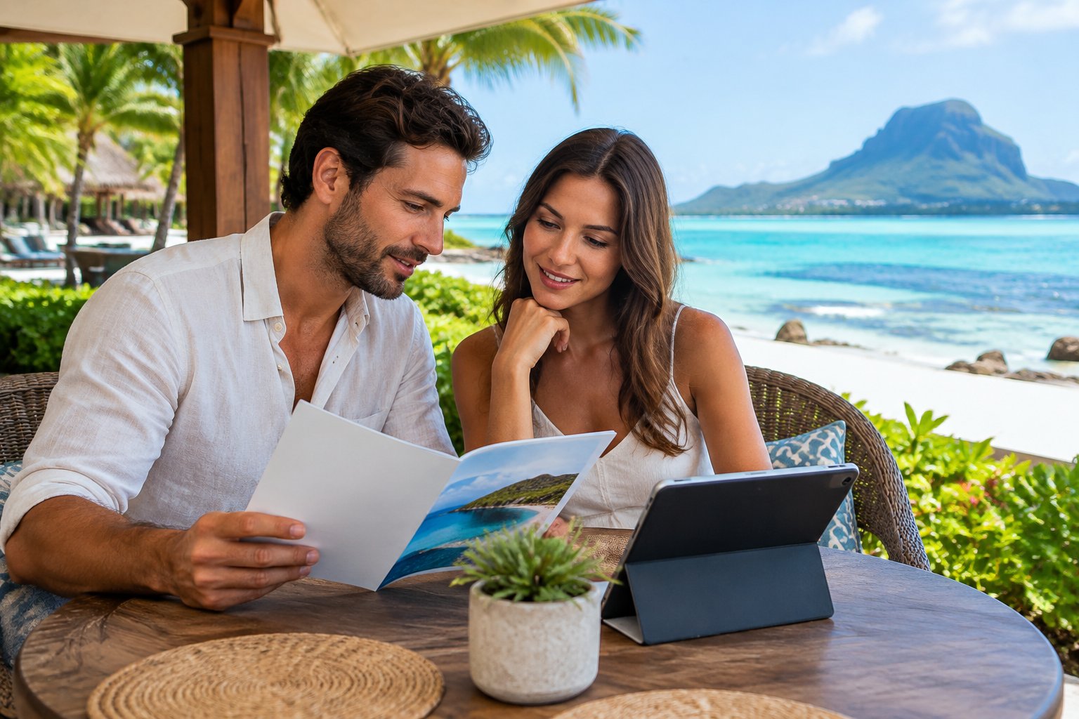 A couple reviews travel options at a table overlooking a tropical beach.