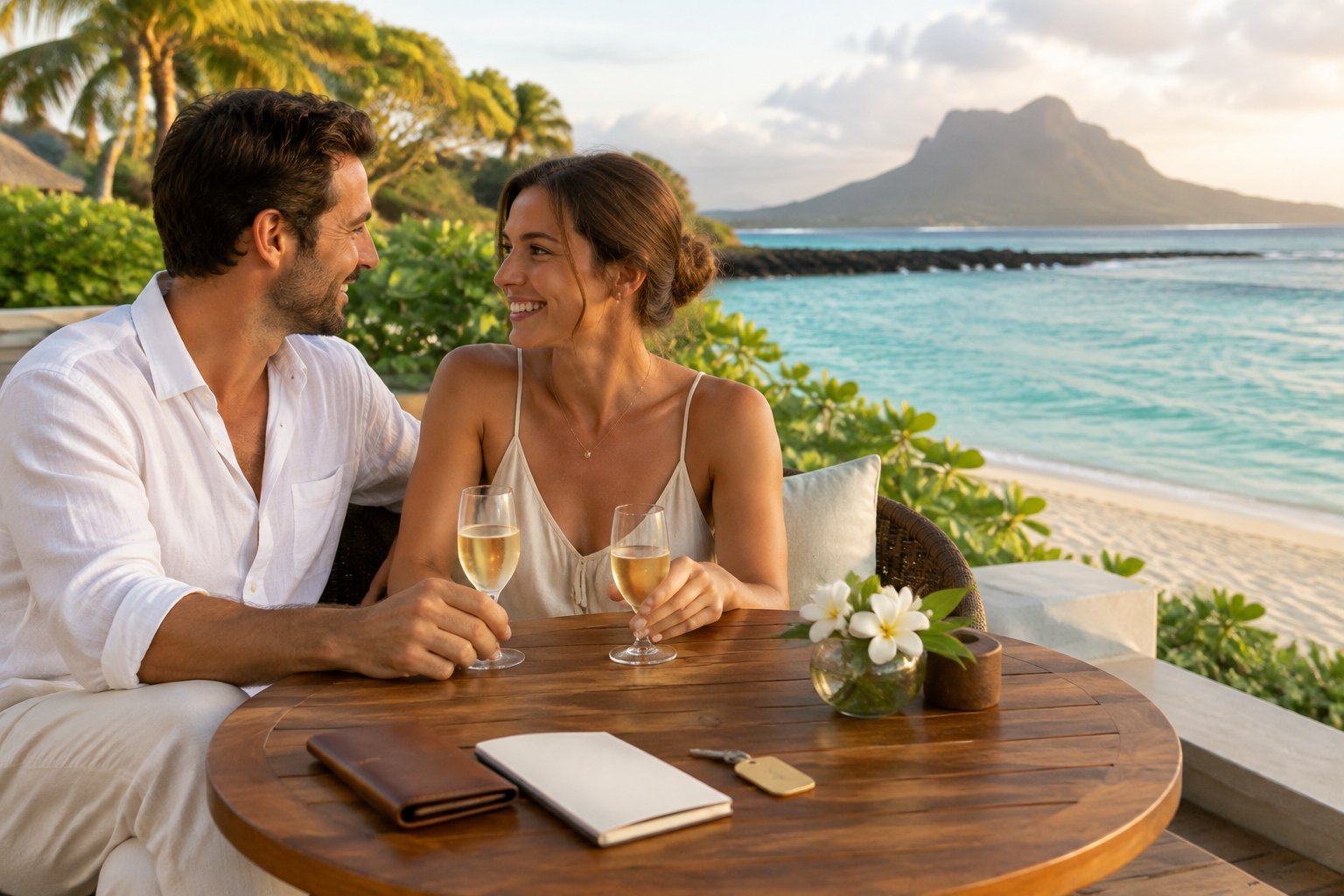 A newlywed couple sits at a table overlooking a tropical beach in Mauritius.