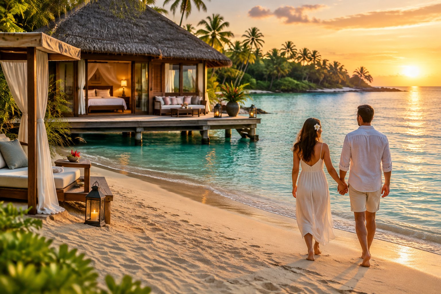 A couple walks toward a beachfront villa beside a turquoise lagoon in Mauritius.