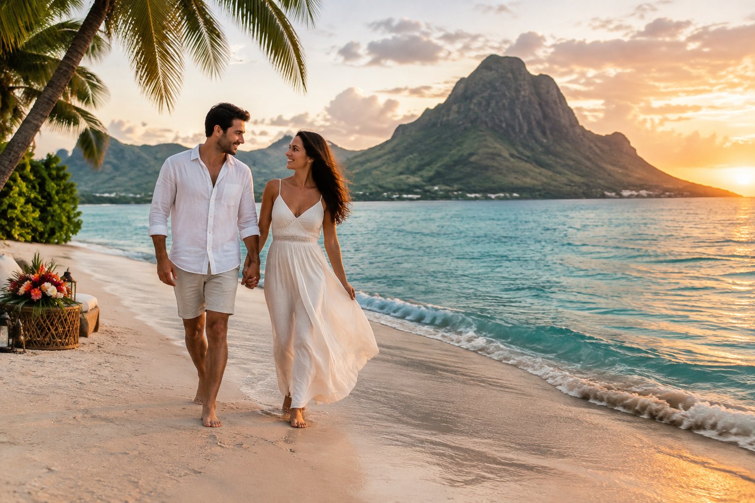 A couple walks hand in hand along a tropical beach in Mauritius at sunset.