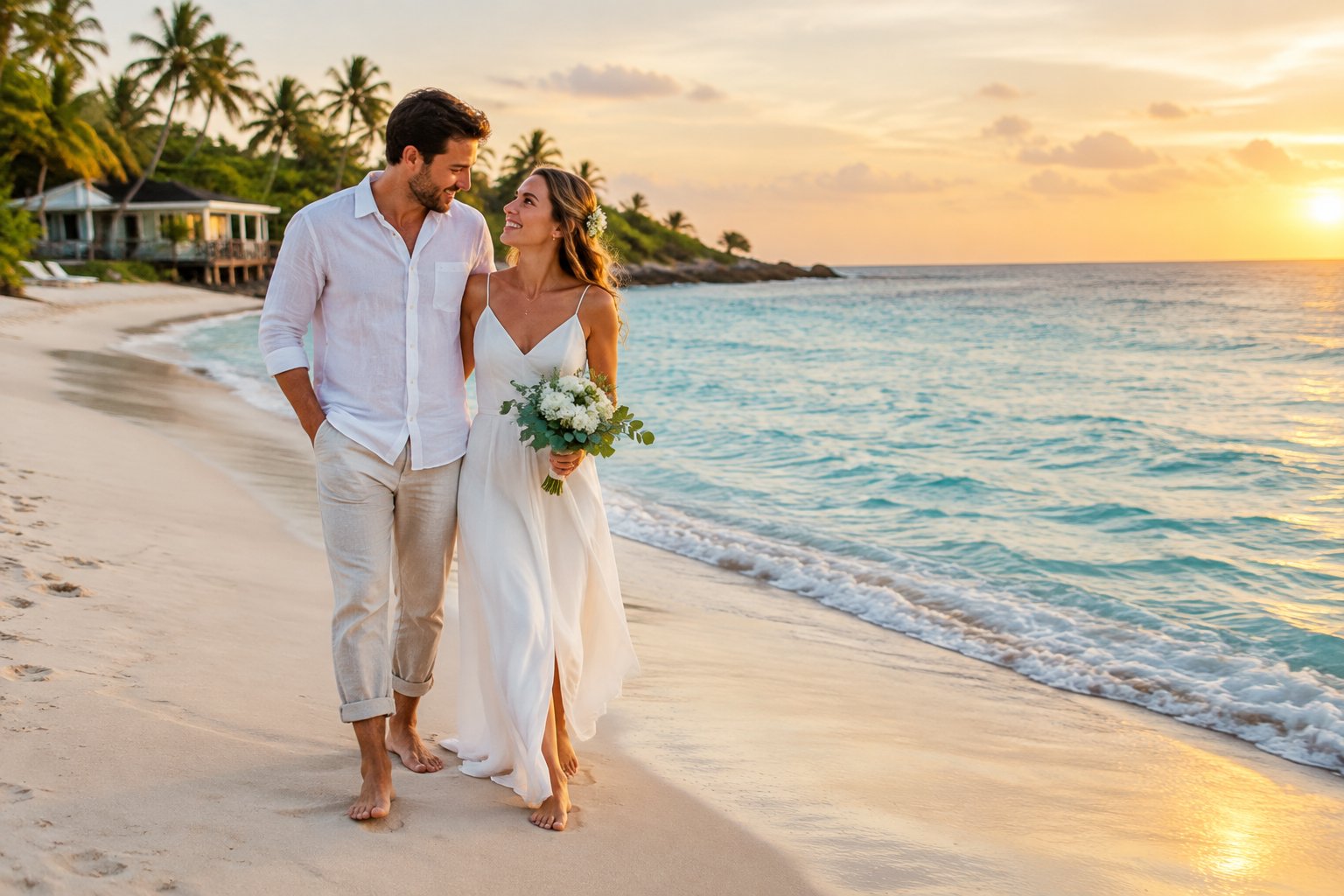 A newlywed couple walks together along a tropical beach.