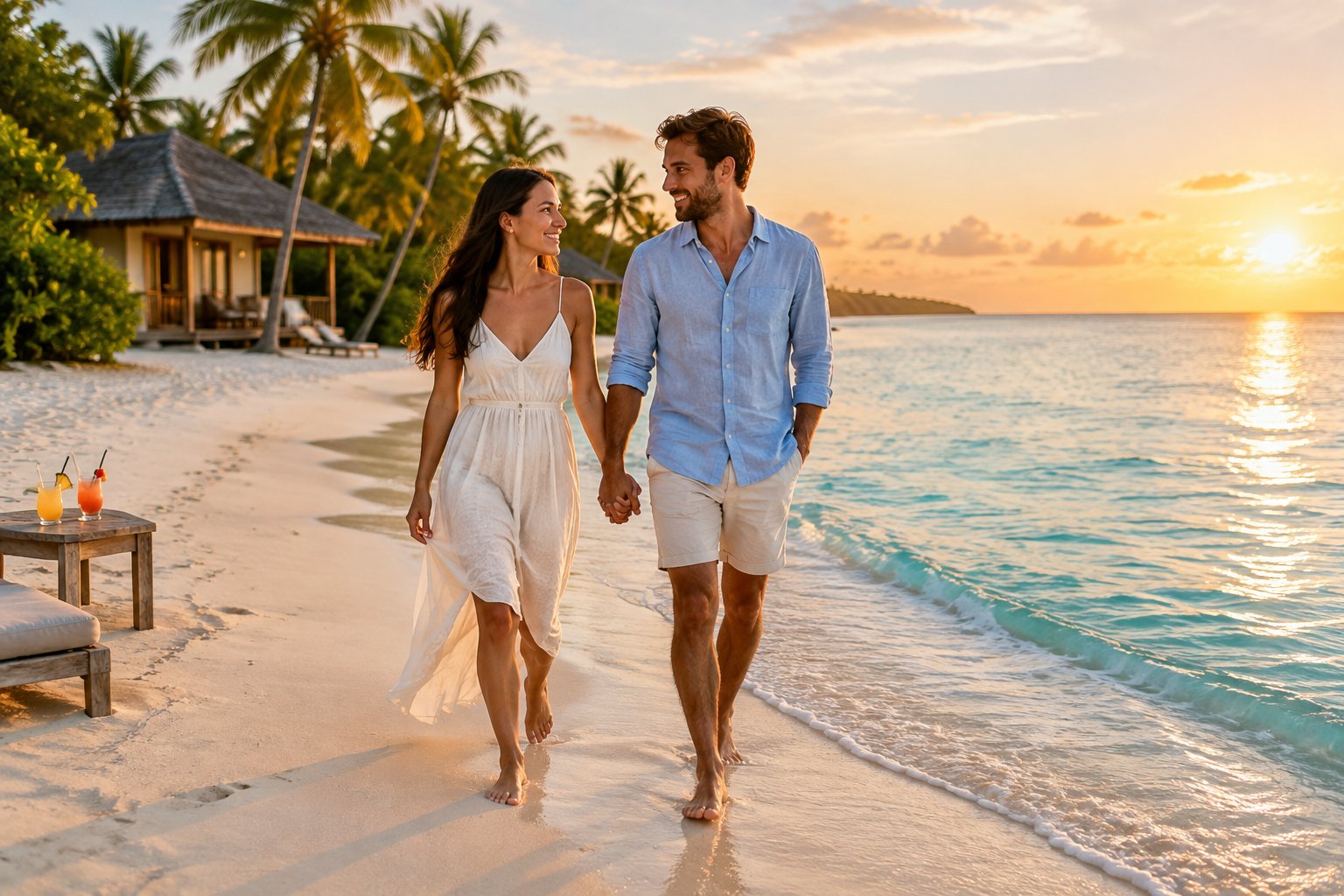 A newlywed couple walks hand in hand along a tropical beach.