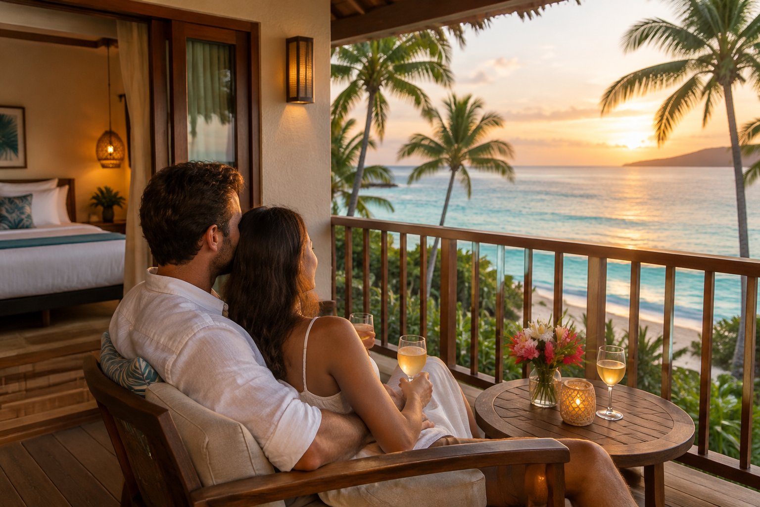 A couple shares a quiet moment on a resort balcony overlooking tropical water.