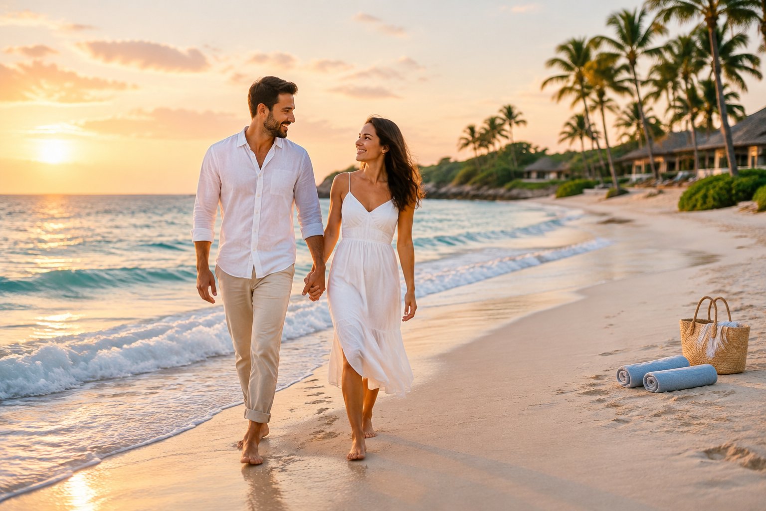 A newlywed couple walks hand in hand along a tropical beach.