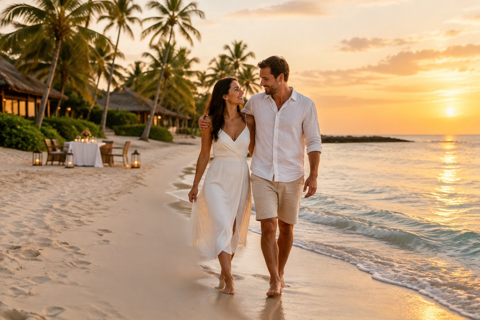 A newlywed couple walks along a tropical beach near a beachfront resort.