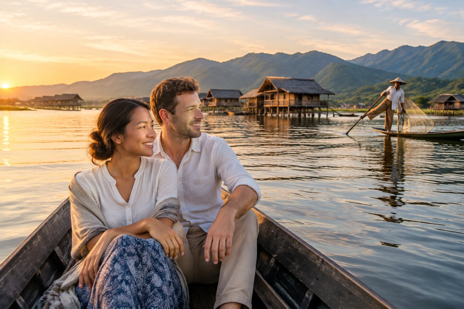 A newlywed couple rides a wooden boat across Inle Lake, surrounded by hills and stilt houses.