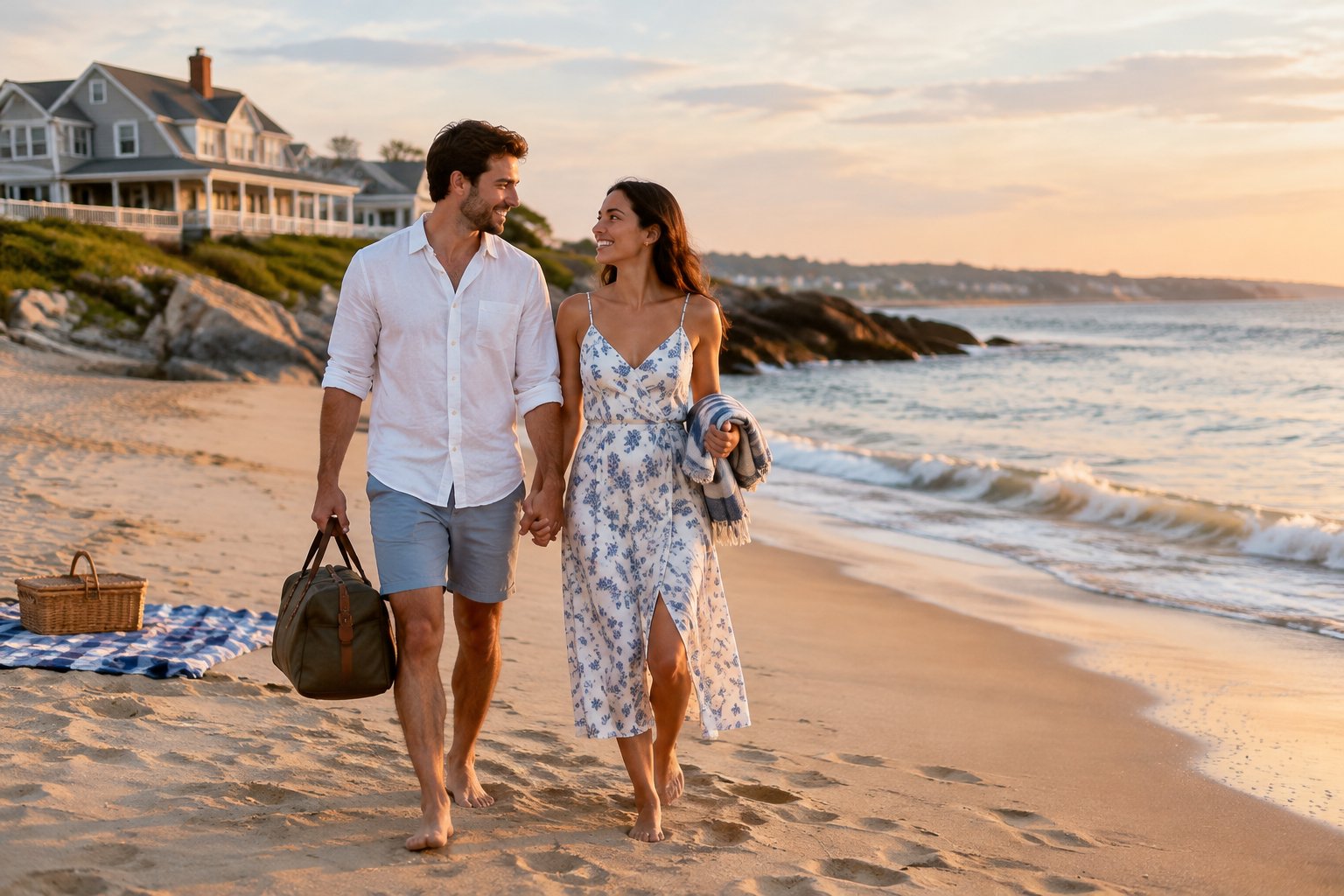 A newlywed couple walks hand in hand along a sunny beach.