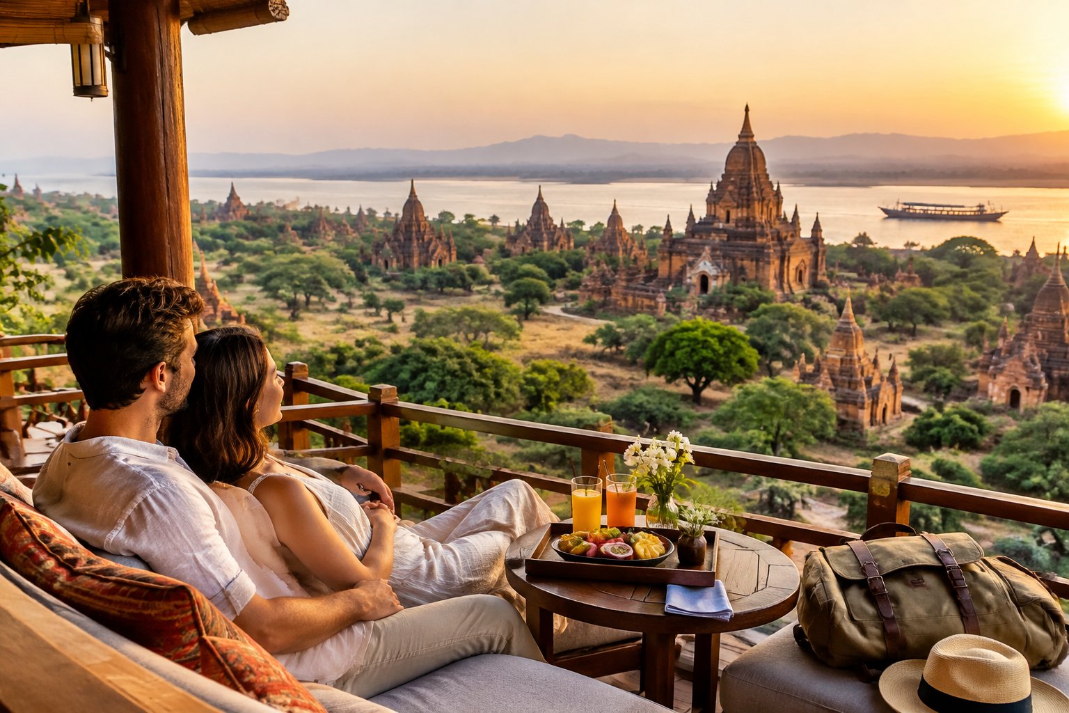 A couple enjoys a riverside resort terrace overlooking the pagodas of Bagan.