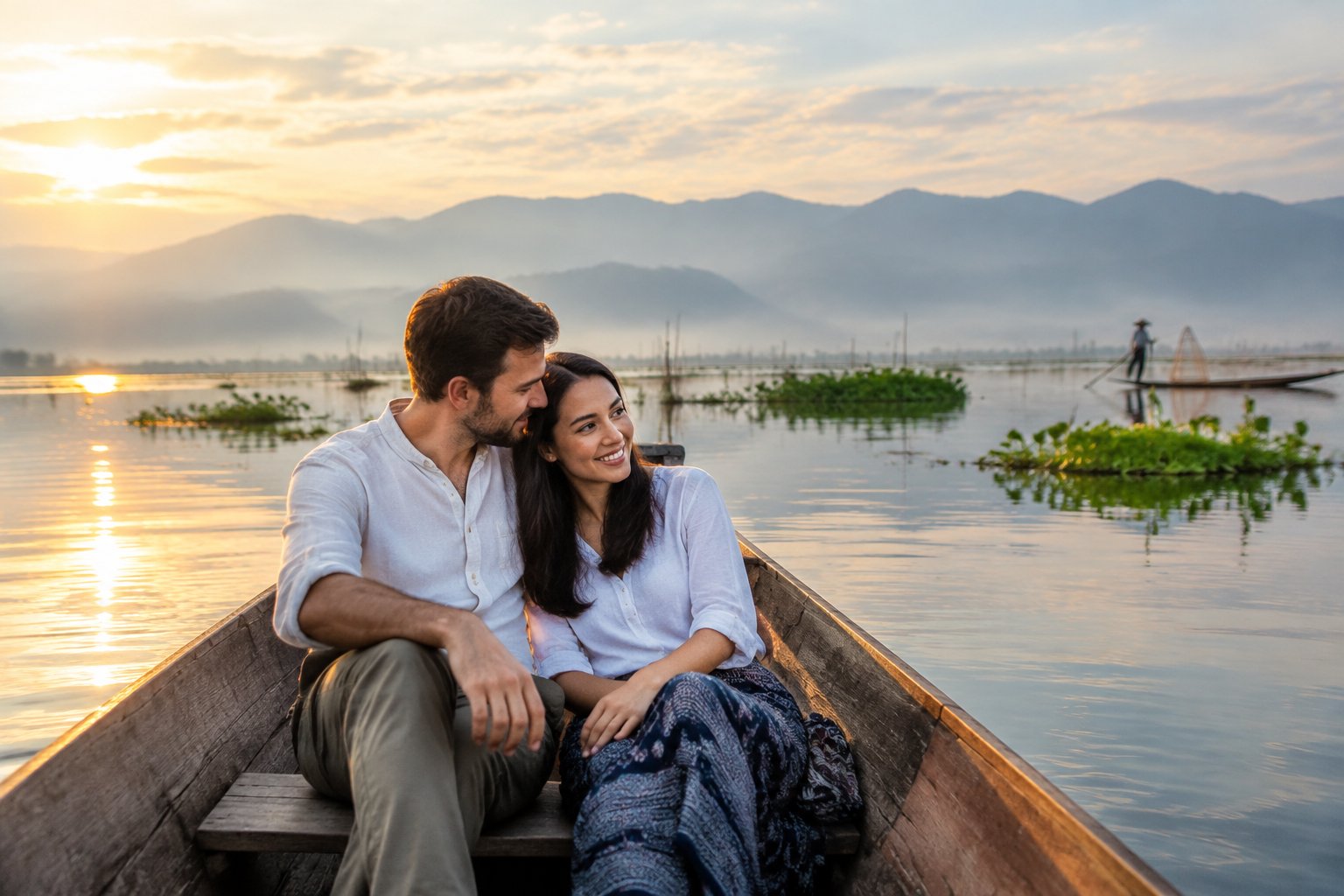 A couple shares a quiet moment together in a boat on Inle Lake, with green hills in the distance.