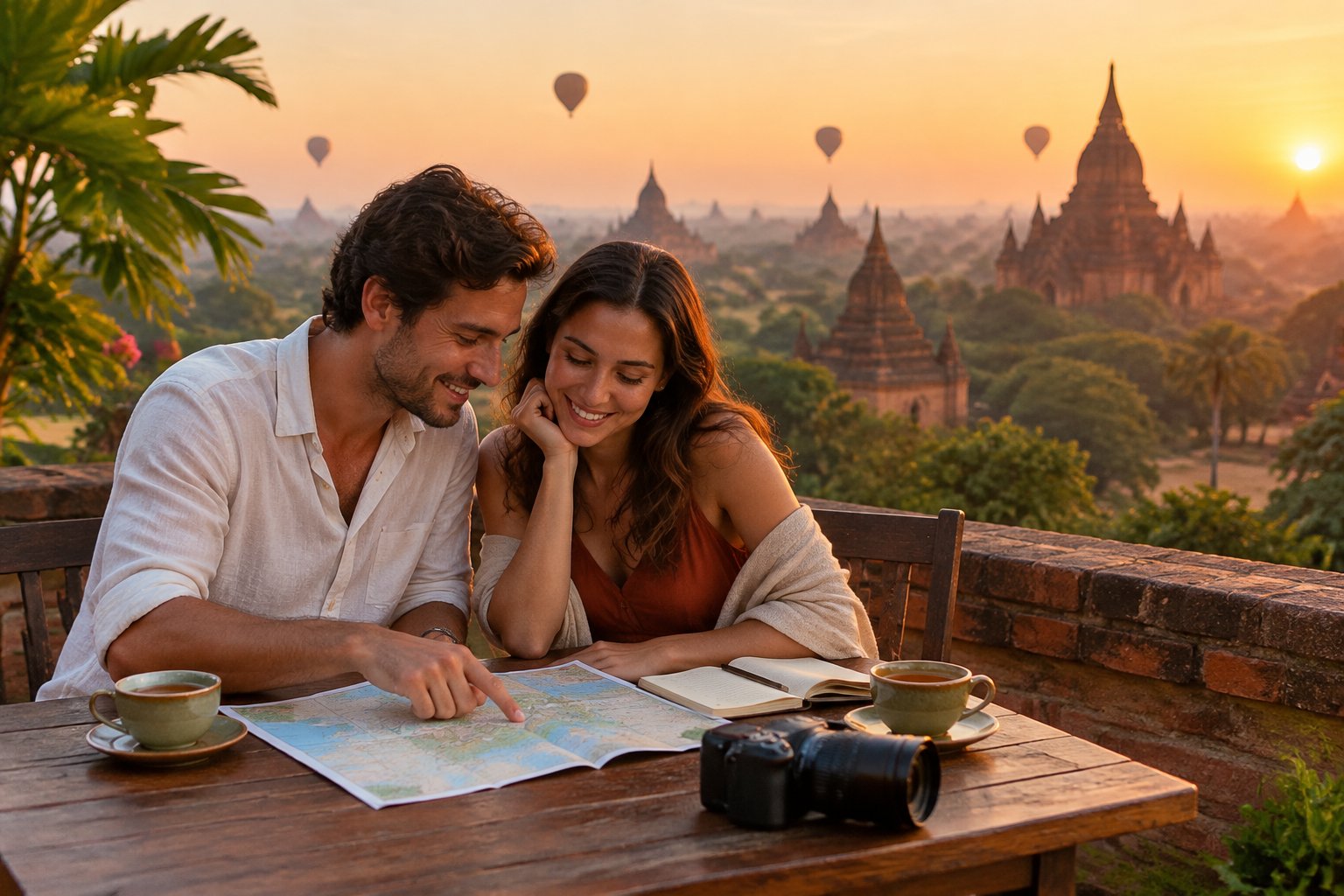 A couple plans their honeymoon together on a terrace overlooking the temples of Bagan.