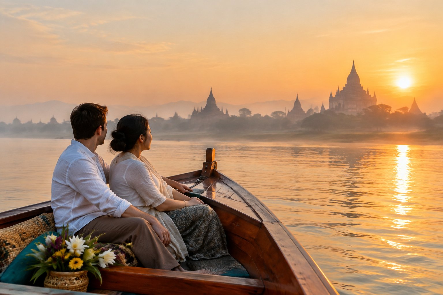 A newlywed couple rides a wooden boat past pagodas on the Irrawaddy River at sunrise.