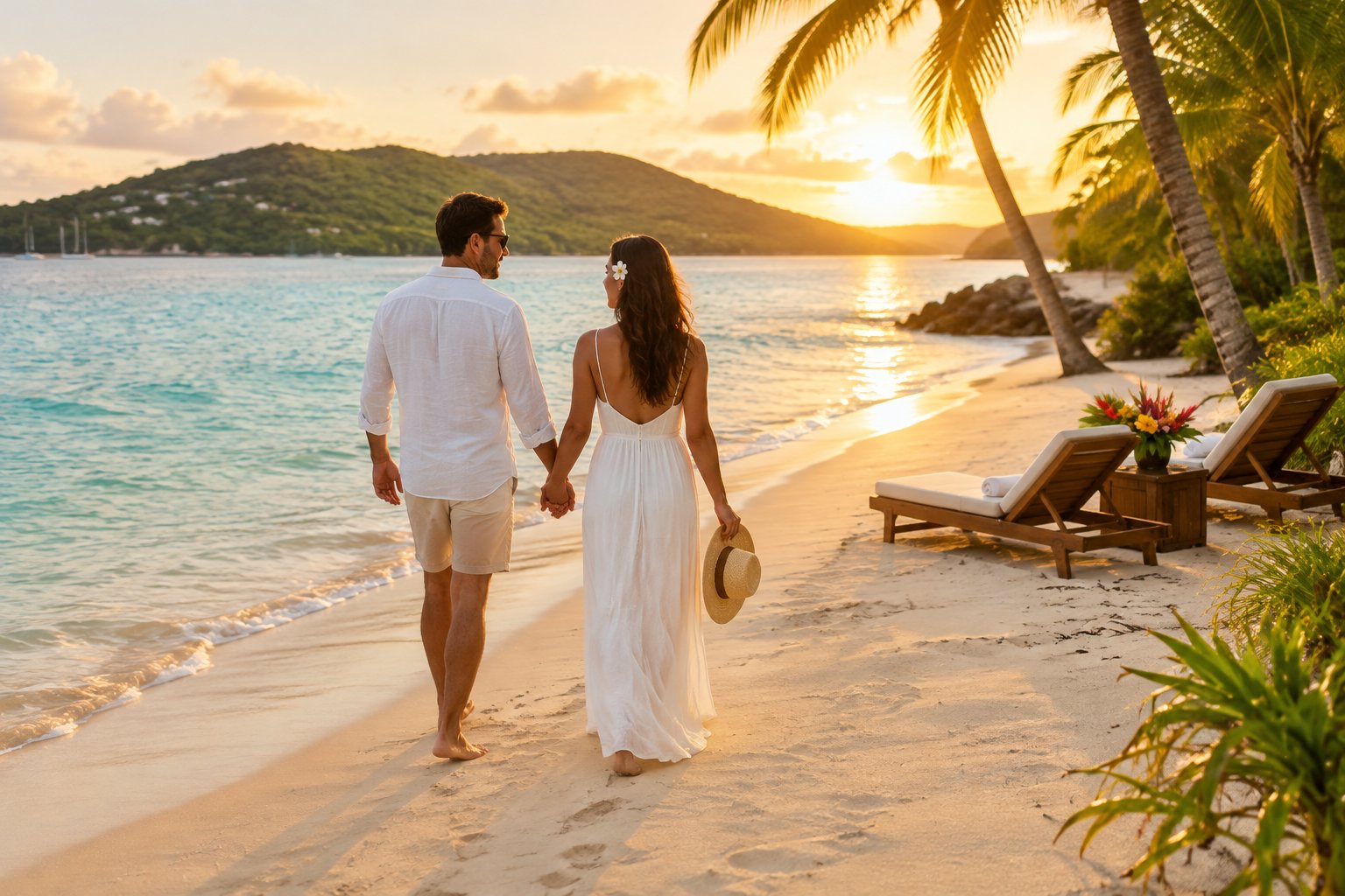 A newlywed couple walks hand in hand along a tropical beach.