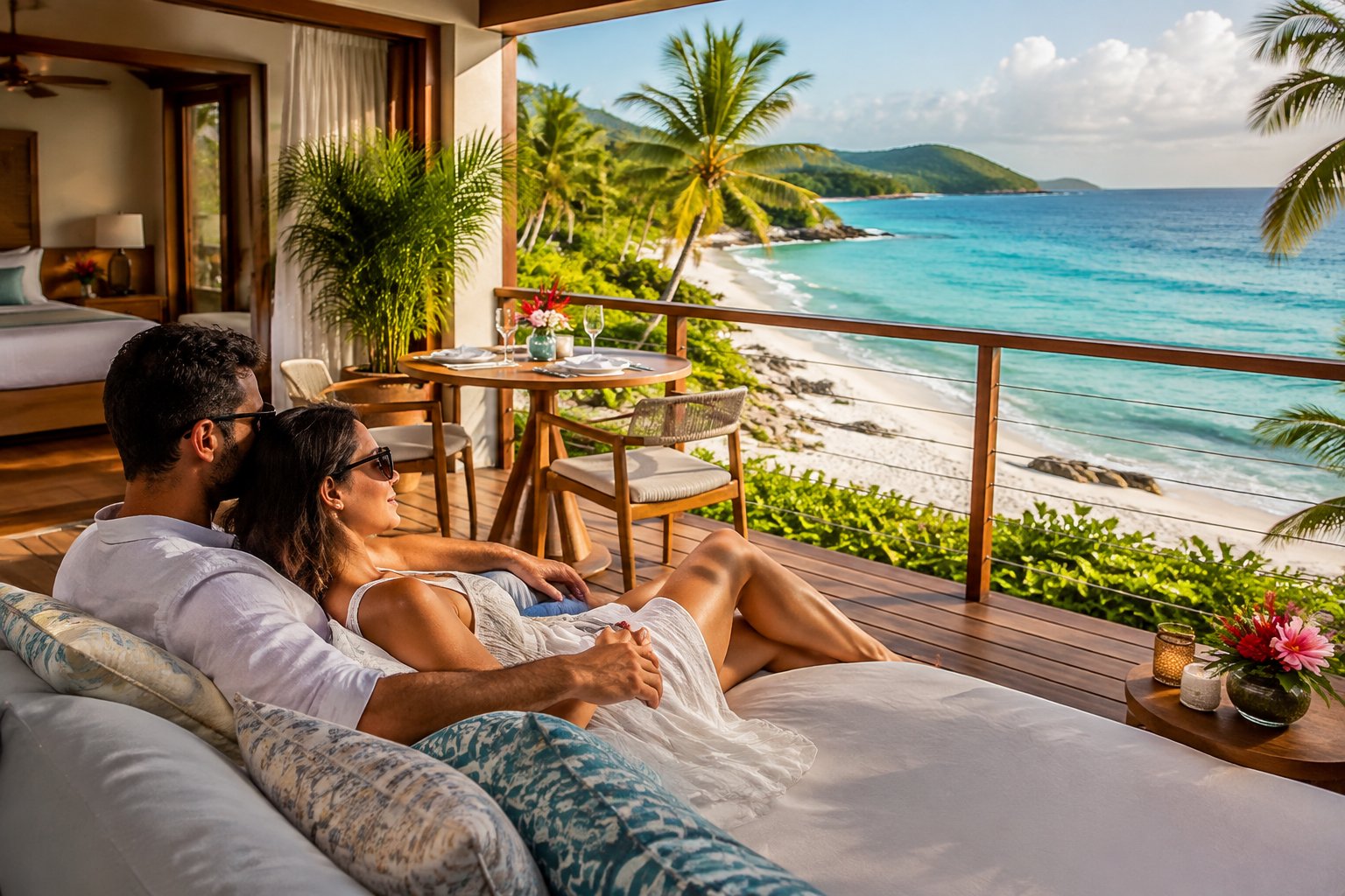 A couple sits together on a resort terrace overlooking a tropical beach.