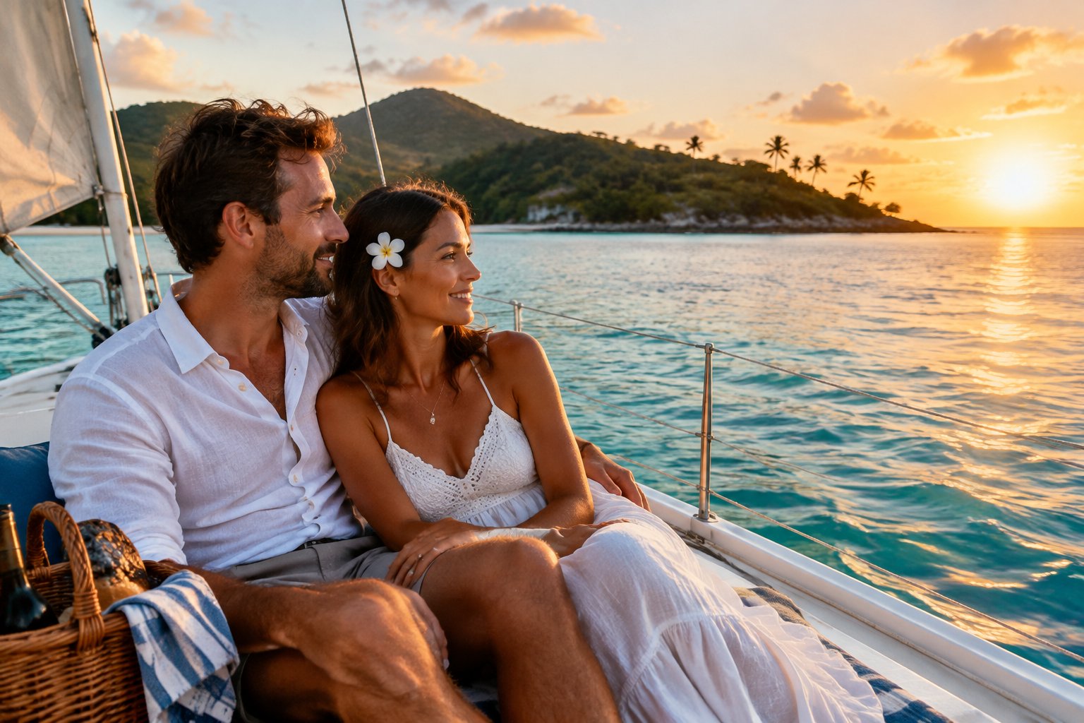 A couple shares a sunset sail near a tropical island.