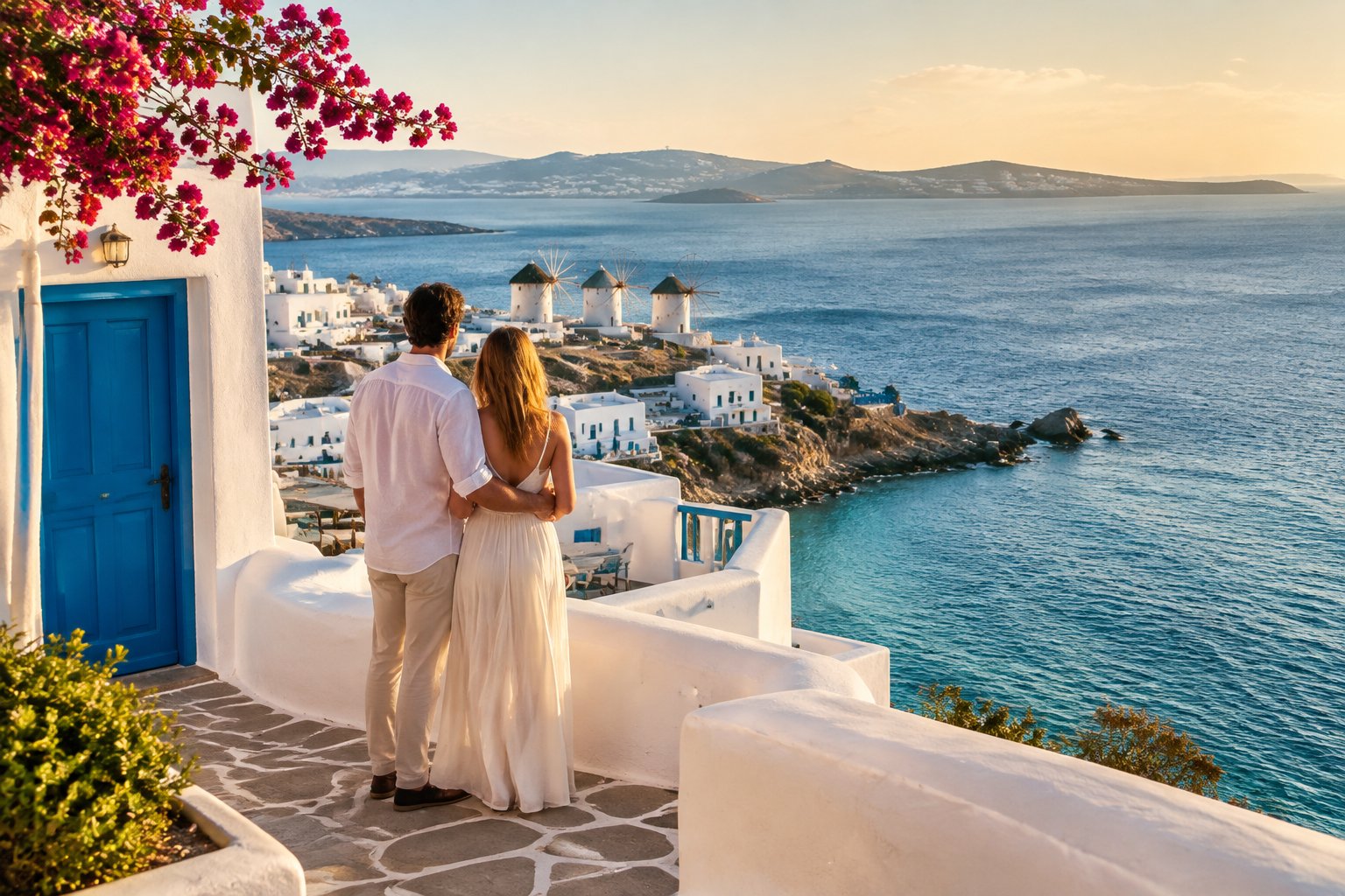 A couple stands together on a terrace overlooking the sea and windmills in Mykonos.