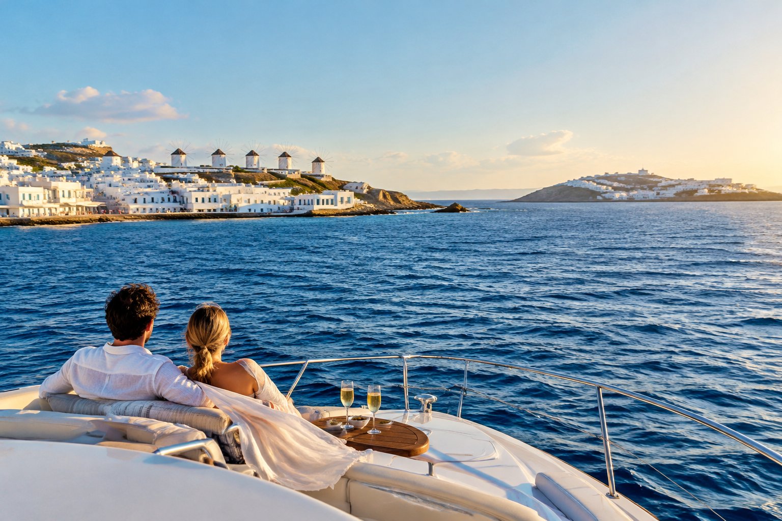 A couple sails across the Aegean Sea with Mykonos visible in the distance.