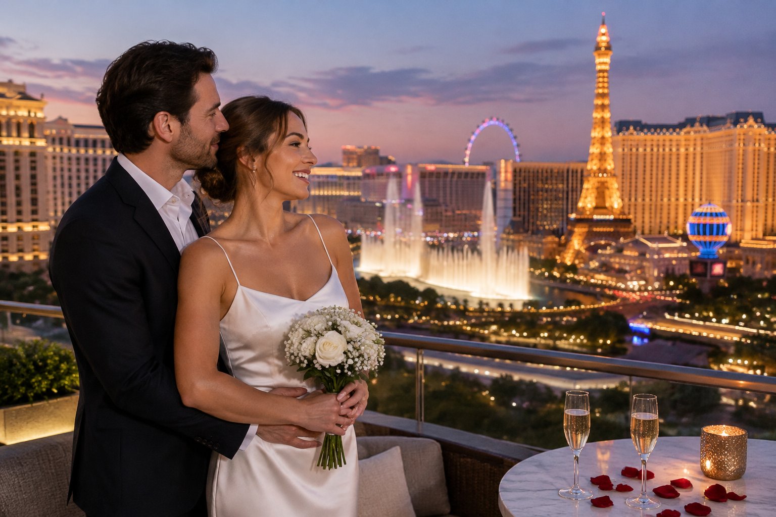 A newlywed couple embraces on a rooftop overlooking the Las Vegas Strip at twilight.