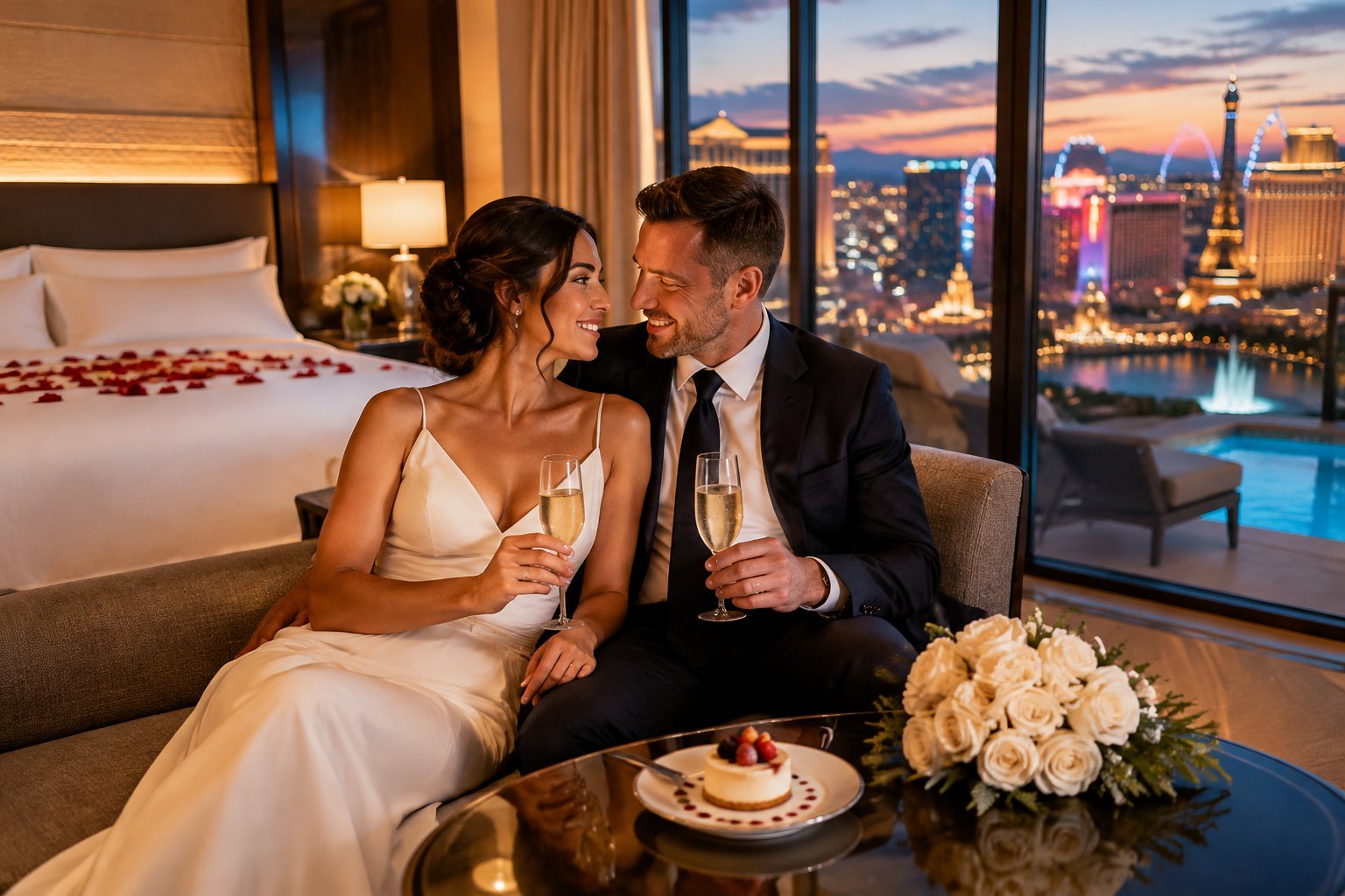 A newlywed couple celebrates in a hotel suite overlooking the Las Vegas Strip.