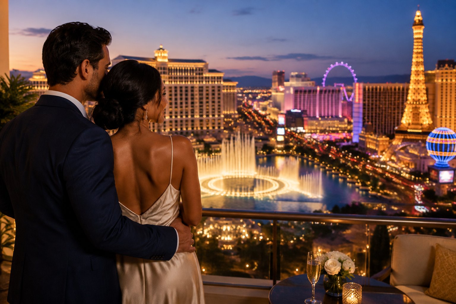 A newlywed couple looks out over the Las Vegas Strip from a hotel balcony.