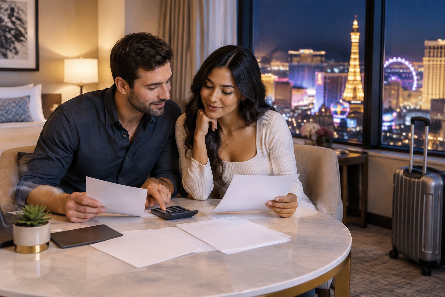 A couple reviews honeymoon plans together in a Las Vegas hotel suite.